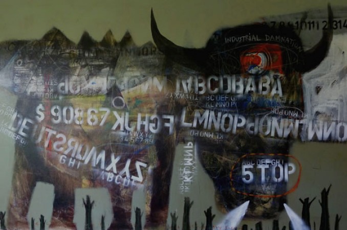 Yoesoef Olla - The Bull - Industrial Damnation, 
 130 x 200 cm 
 acrylic and air brush on canvas , SOLD
 